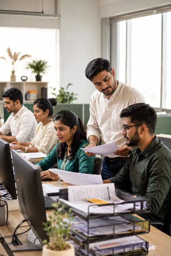 SDES team reviewing structured business records in an Ahmedabad office