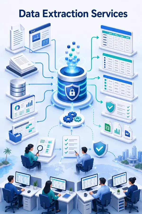 Shri Data Entry Services team working on Data Extraction Services projects