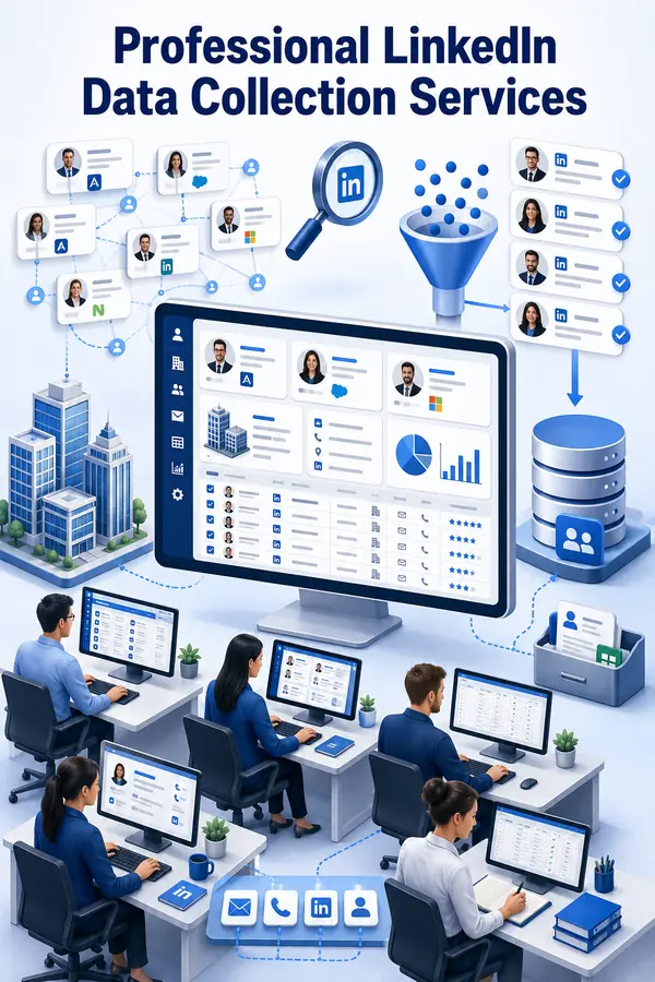 Shri Data Entry Services team working on LinkedIn Data Collection Services projects