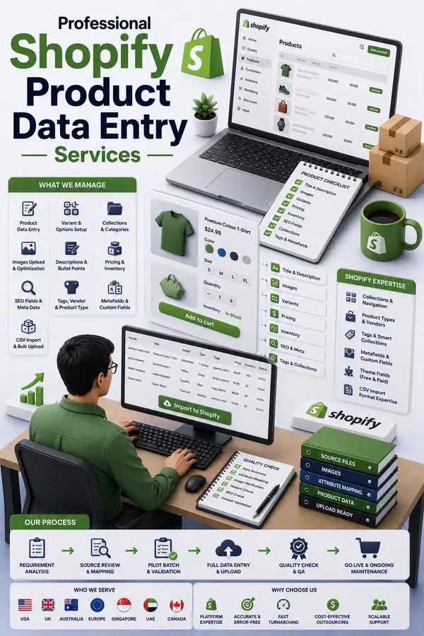Shri Data Entry Services team working on Shopify Product Data Entry Services projects