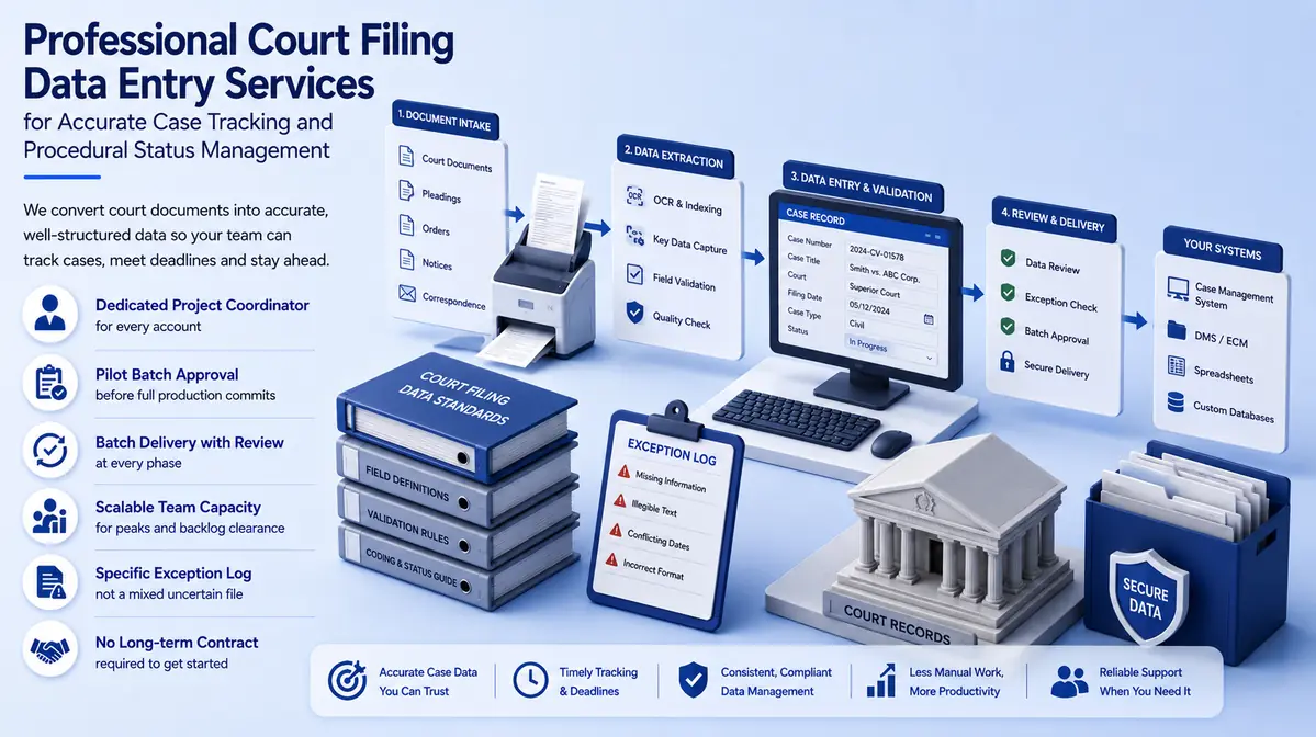 Court Filing Data Entry Services workflow and quality review
