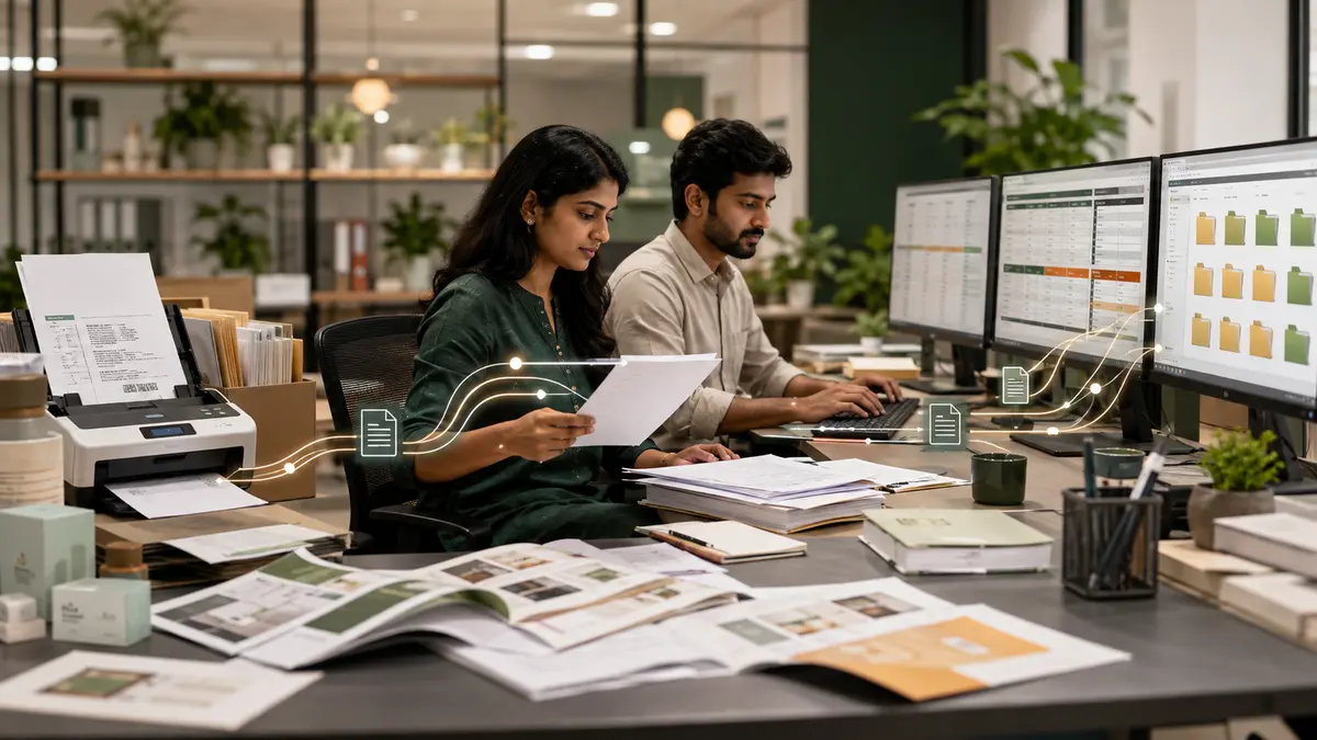 Document, catalog, CRM and finance sources moving through a controlled data workflow