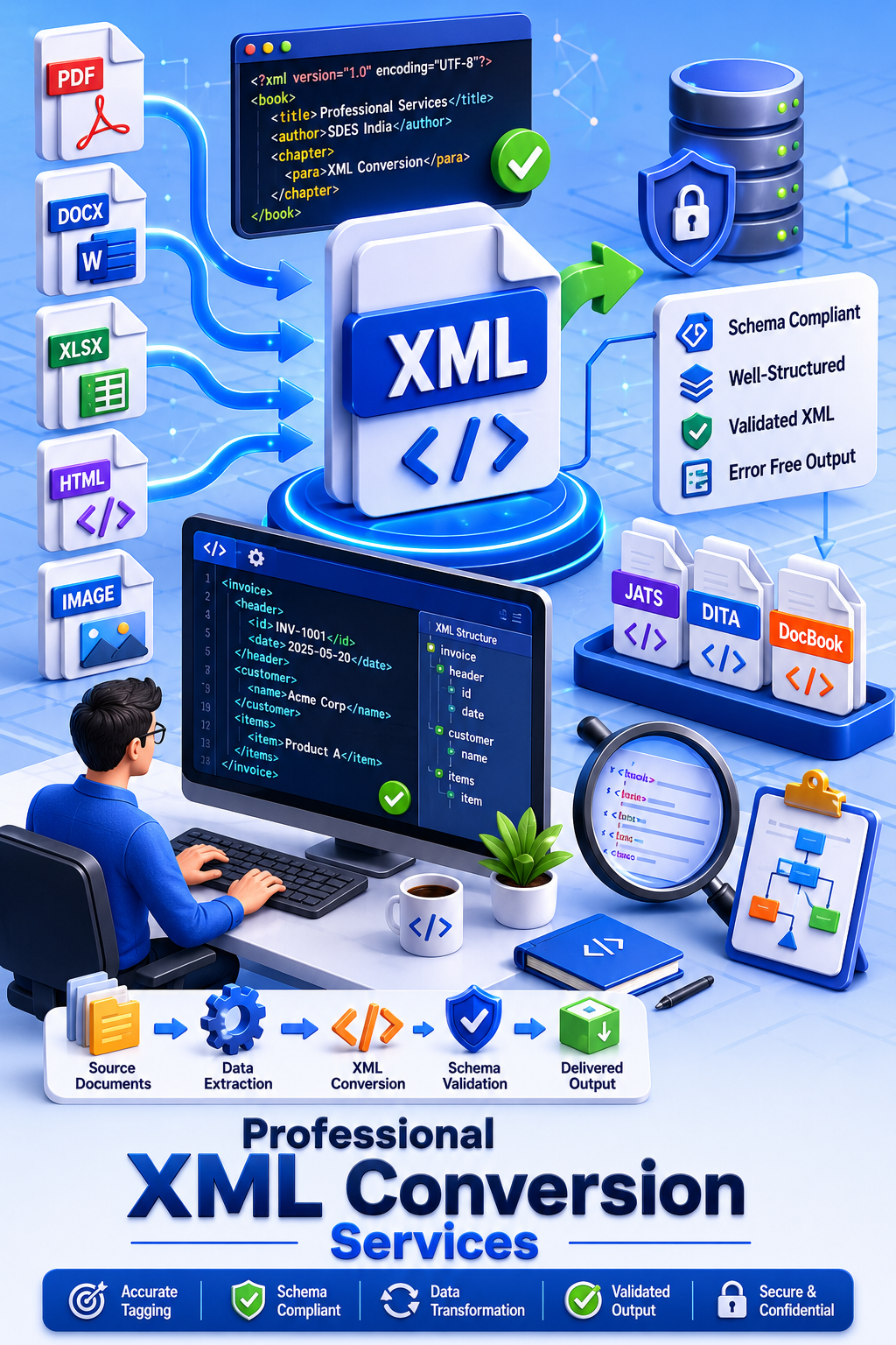 Shri Data Entry Services team working on XML Conversion Services projects