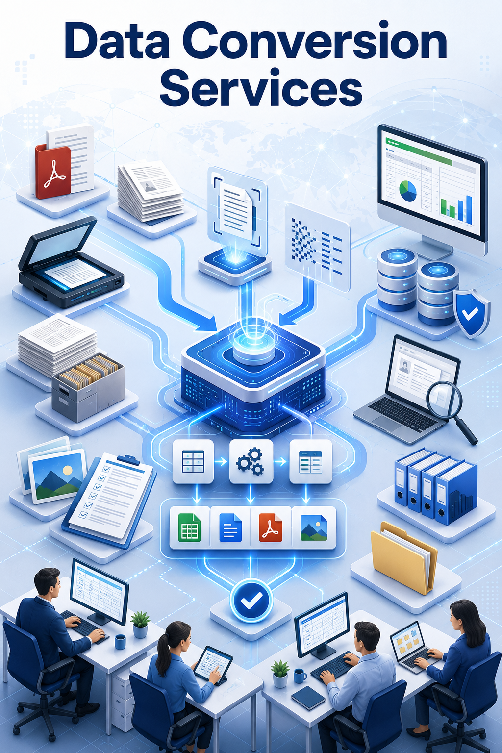 Shri Data Entry Services team working on Data Conversion Services projects