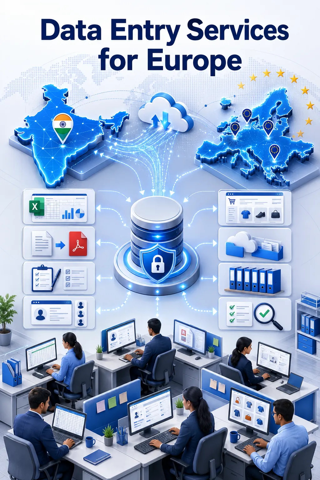 Shri Data Entry Services team working on Data Entry Services Europe projects