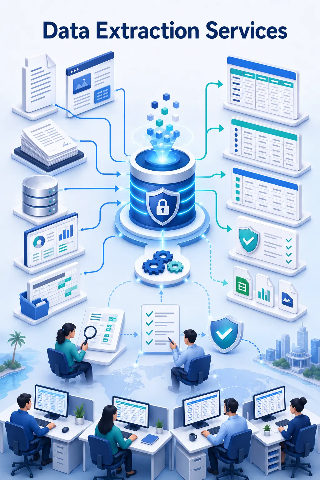Shri Data Entry Services team working on Data Extraction Services projects