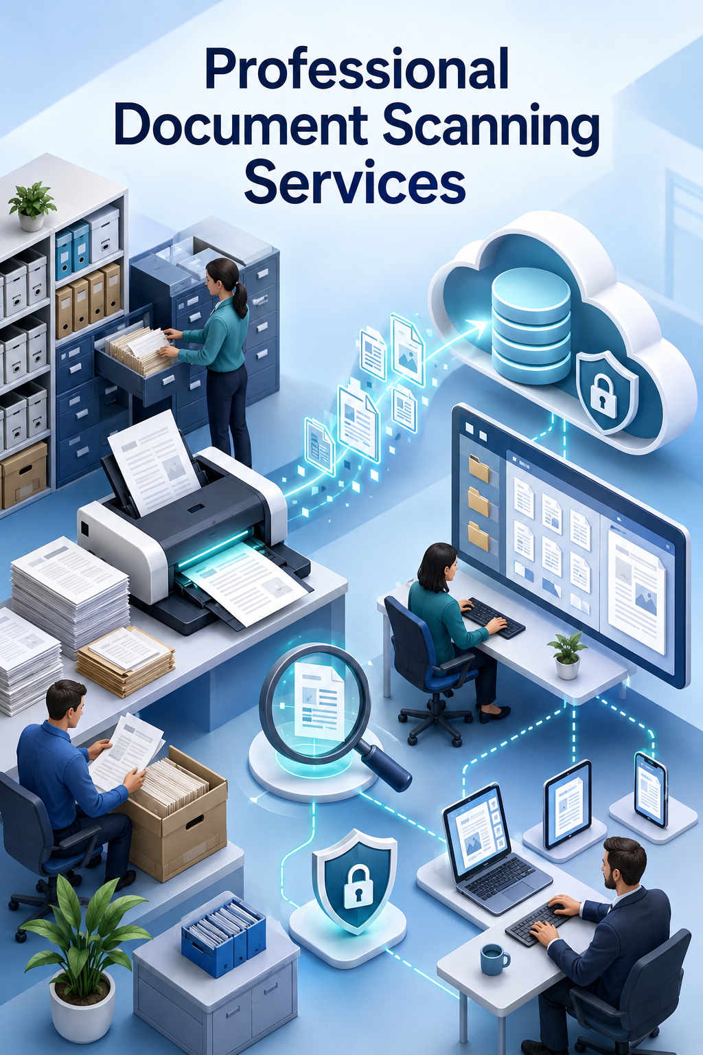 Shri Data Entry Services team working on Document Scanning Services projects