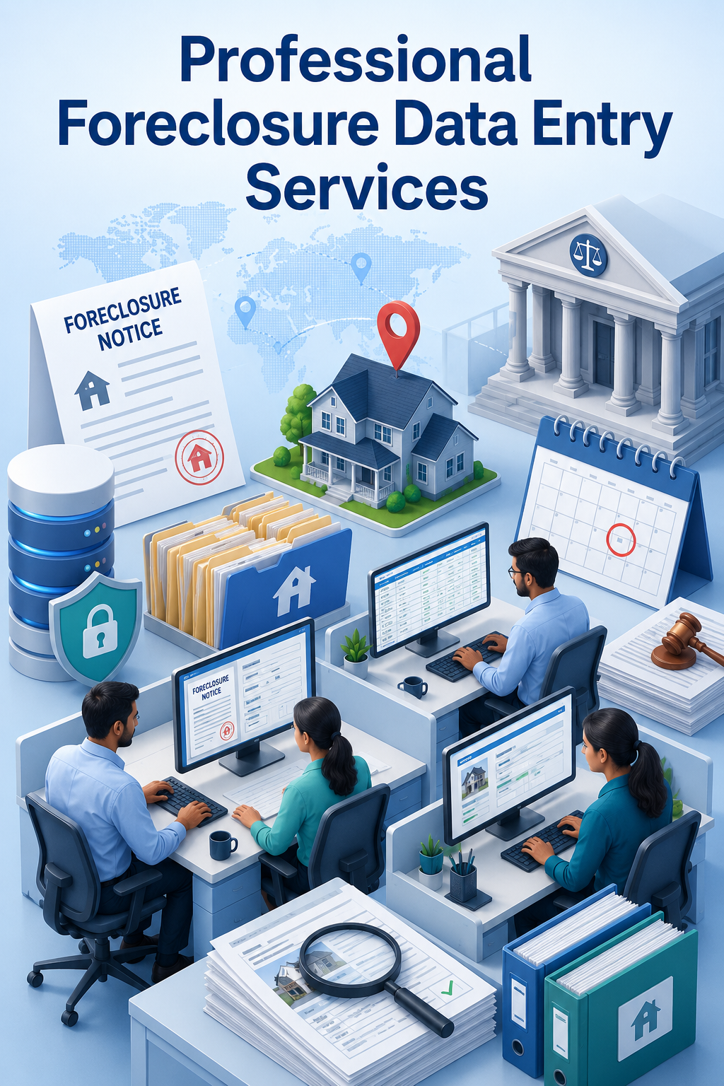 Shri Data Entry Services team working on Foreclosure Data Entry Services projects