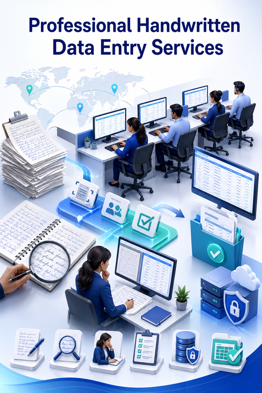 Shri Data Entry Services team working on Handwritten Data Entry Services projects