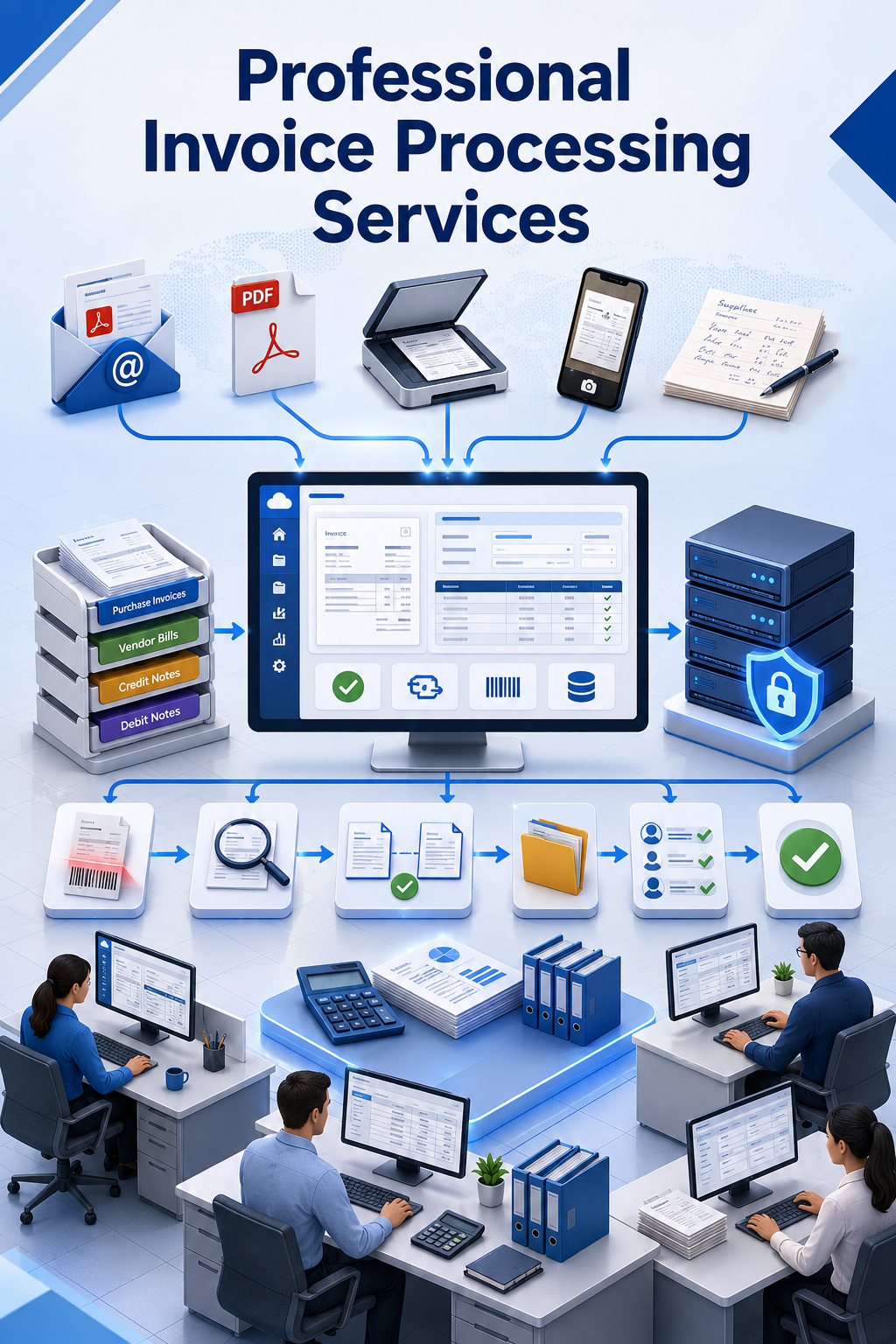 Shri Data Entry Services team working on Invoice Processing Services projects