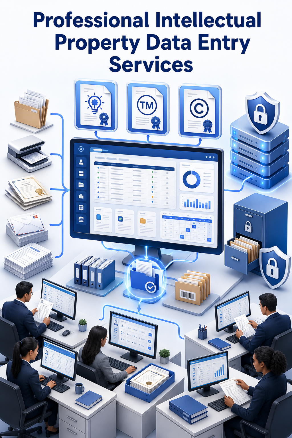 Shri Data Entry Services team working on Intellectual Property Data Entry Services projects