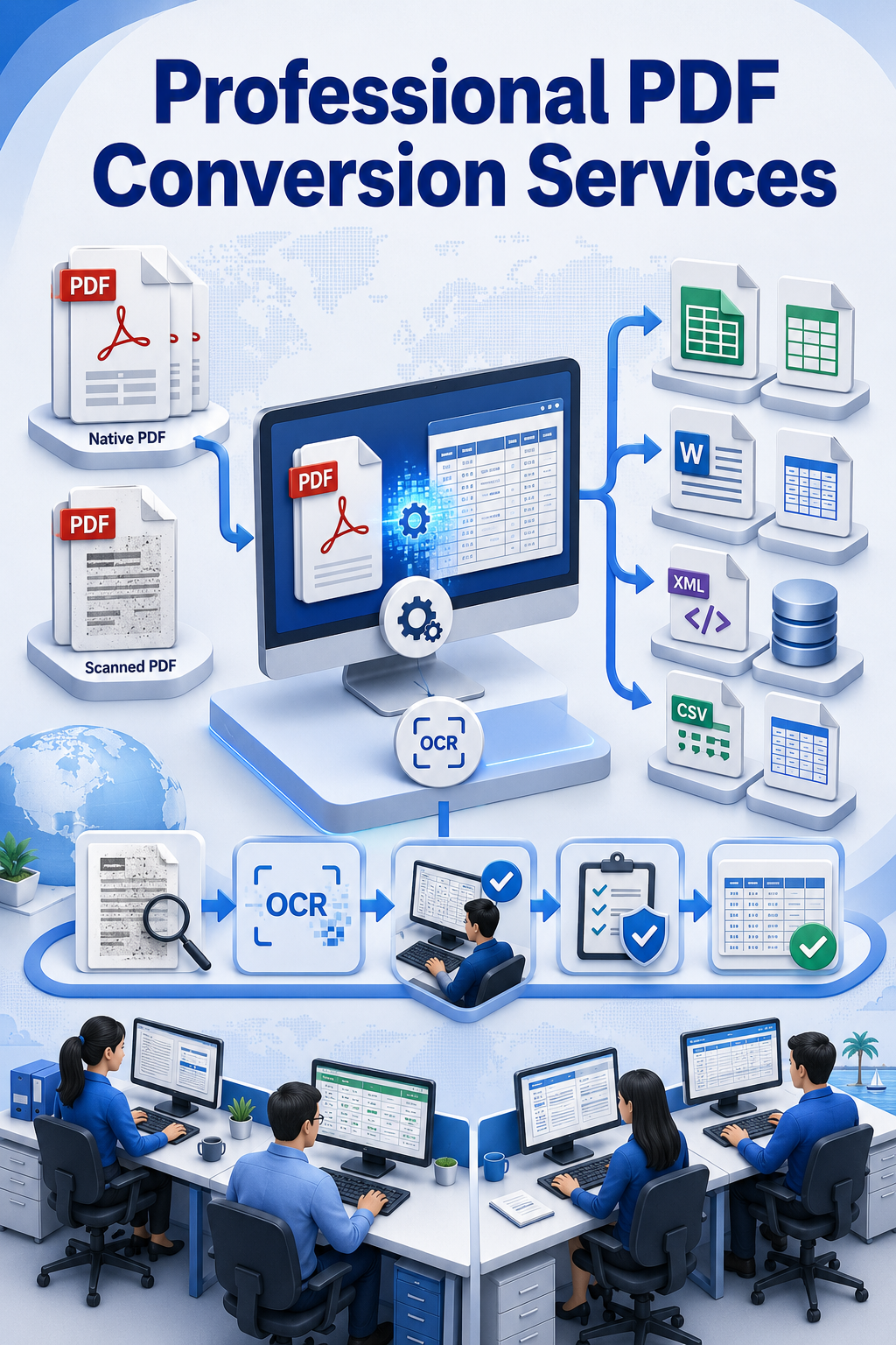 Shri Data Entry Services team working on PDF Conversion Services projects