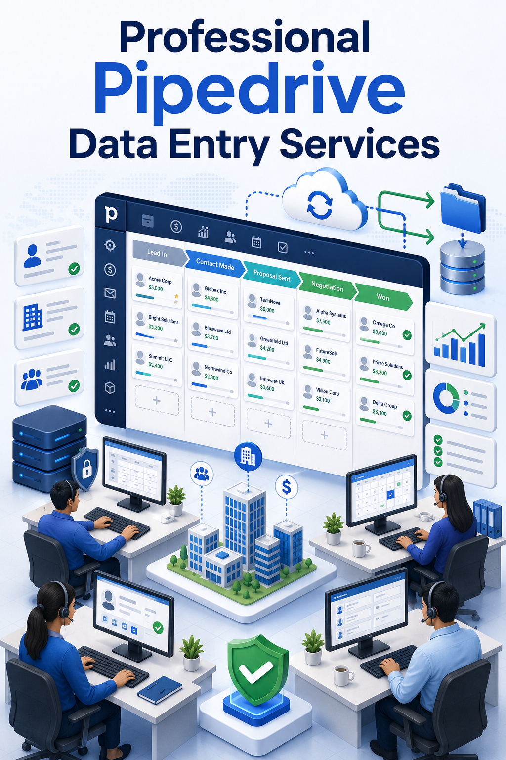 Shri Data Entry Services team working on Pipedrive Data Entry Services projects